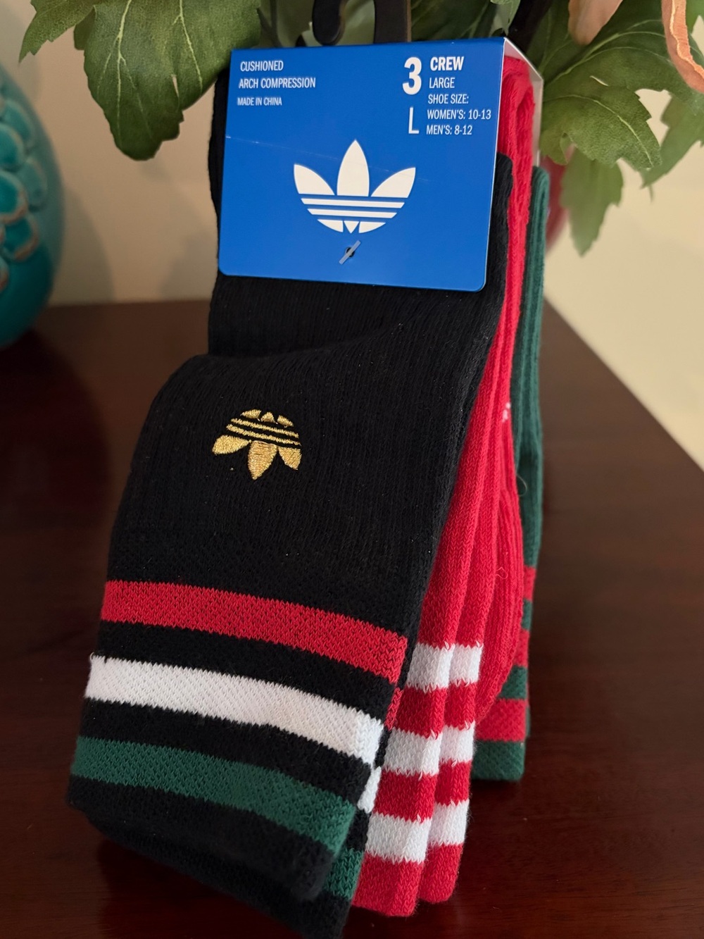 NWT adidas unisex 3 pack crew socks size L